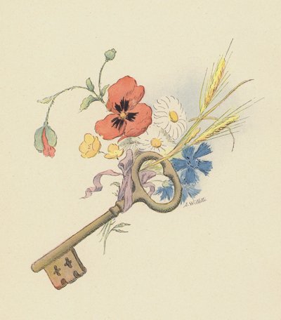 Nøkkel og blomster (farge litho) av Adolphe Leon Willette