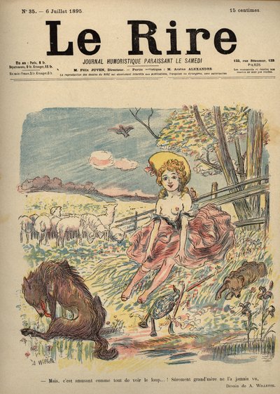 Rødhette - gjeterinne toppløs, rødhette - Men det er morsomt som alle andre å se ulven...! Sannsynligvis så bestemor ham aldri. Tegning av A. Willette til latteren Numero 35, 6. juli av Adolphe Leon Willette