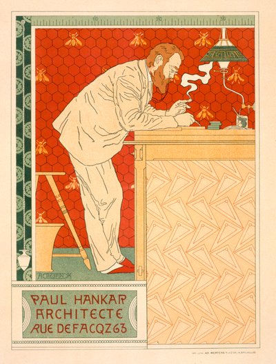 Reproduksjon av en plakat som reklamerer for den arkitektoniske praksisen til Paul Hankar, 1894 av Adolphe Louis Charles Crespin