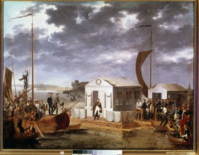 Intervju av Tilsit (Tilsitt) mellom Napoleon I og tsar Alexander I av Russland ved Niemen-elven 25. juni av Adolphe Roehn