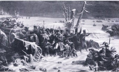 Marshal Ney støtter bakvakten under retretten fra Moskva, illustrasjon fra Landmarks in European History utgitt av Gresham Publishing Co, ca. 1920 (litho) av Adolphe Yvon