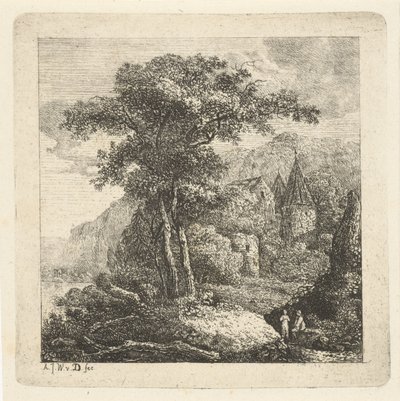 Fjelllandskap med trær, slott og to figurer av Adriaan Jacob Willem van Dielen