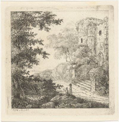 Landskap med figurer ved ruinene av et slott av Adriaan Jacob Willem van Dielen