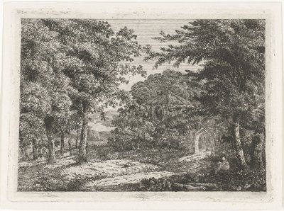 Landskap med kapell blant trær og munkelesing av Adriaan Jacob Willem van Dielen
