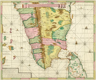 Kart over Sør-India og Ceylon, etter et verk laget rundt 1720 av den nederlandske kartografen Adriaan Reland av Adriaan Reland