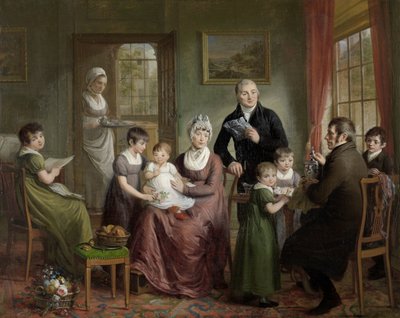 Portrett av familien til Adrianus Bonebakker med Dirk L. Bennewitz Portrett av familien til Adrianus Bonebakker og hans partner DL Bennewitz av Adriaan de Lelie (signed by artist)