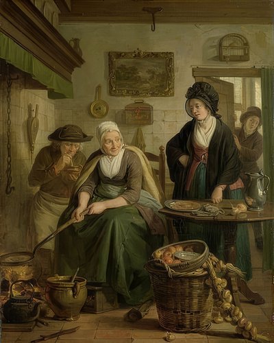 Kvinne baker pannekaker. Rundt 1790-1810 av Adriaan de Lelie