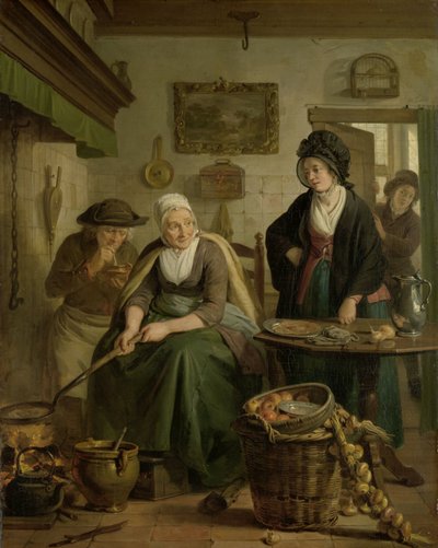 Kvinne baker pannekaker Gammel kvinne lager pannekaker av Adriaan de Lelie