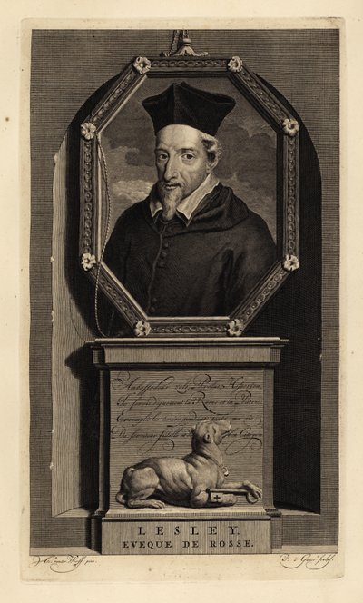 John Lesley, skotsk historiker og biskop av Ross. Biskop av Rosse. Hund med nøkkel. Kobberstikk av Pieter Stevens van Gunst etter Adriaen van der Werff fra Isaac de Larreys Histoire d'Angleterre, d'Ecosse et d'Irlande, Amsterdam av Adriaan van der (after) Werff