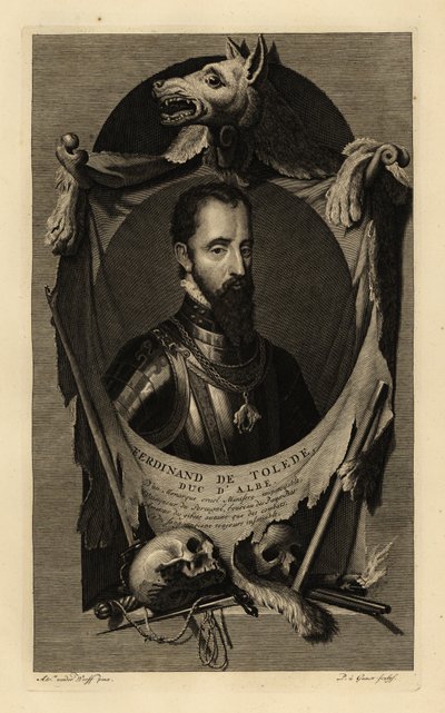 Portrett av Ferdinand Alvarez de Toledo y Pimentel, 3. hertug av Alba, eller jernhertugen. I rustning med kjede av ordenen til det gylne skinn. Med ulveskinn, menneskehodeskaller, sverd, dolk og flintlåspistol. Ferdinand de Tolede, Duc d'Albe. Kobber av Adriaan van der (after) Werff