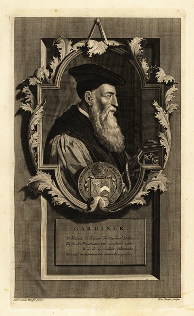 Portrett av Stephen Gardiner, biskop av Winchester og politiker. Med våpenskjold. Kobberstikk av Pieter Stevens van Gunst etter Adriaen van der Werff fra Isaac de Larreys Histoire d'Angleterre, d'Ecosse et d'Irlande, Reinier Leers, Rotterdam av Adriaan van der (after) Werff