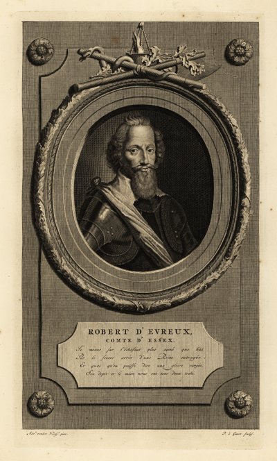 Robert Devereux, 2. jarl av Essex, favoritt til Elizabeth I. Robert d'Evreux, Comte d'Essex. I blondekrage, rustning, sash. Kobberstikk av Pieter Stevens van Gunst etter Adriaen van der Werff fra Isaac de Larreys Histoire d'Angleterre, av Adriaan van der (after) Werff