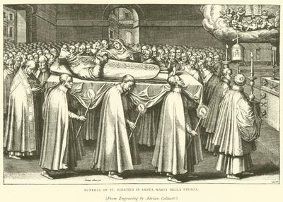 Begravelse av St Ignatius i Santa Maria Della Strada (gravering) av Adriaen (after) Collaert