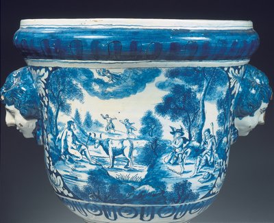 Omvendt detalj av stor Delft blå og hvit mytologisk hageurne i barokkstil, ca. 1700 (keramikk) av Adriaen (fl.1868 d.1701) (attr.to) Kocks