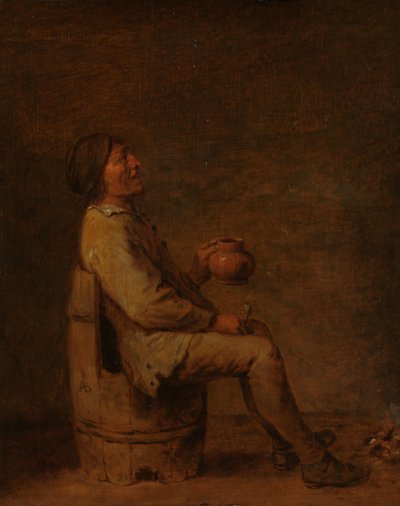 Mann som sitter og holder et rør og en kanne i et interiør av Adriaen Brouwer (possibly copy after)