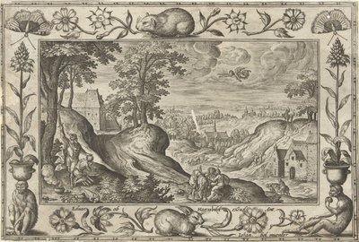Abraham ofrer Isak Landskap med bibelske, mytologiske scener og jaktscener (serietittel) av Adriaen Collaert