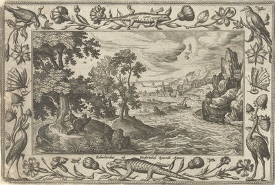 Apostelen Johannes på Patmos Landskap med bibelske, mytologiske scener og jaktscener (serietittel) av Adriaen Collaert