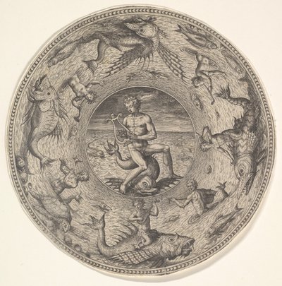 Arion på en delfin omgitt av en grense dekorert med sjødyr, fra et sett med..., 1580-1600. av Adriaen Collaert