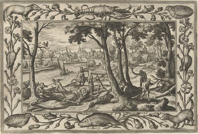 bjørnejakt Landskap med bibelske, mytologiske scener og jaktscener (serietittel) av Adriaen Collaert