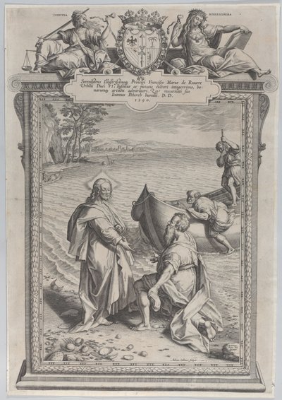 Kristus som kaller Saint Andrew, som kneler foran ham på en strand, og Saint Peter, som klatrer ..., 1590. av Adriaen Collaert