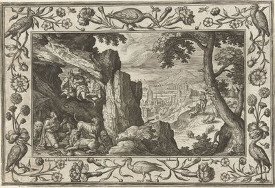 Daniel i løvens hule Landskap med bibelske, mytologiske scener og jaktscener (serietittel) av Adriaen Collaert