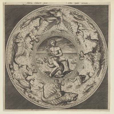 Design for en tallerken med Arion som rir på en delfin i en medaljong avgrenset av sjømonstre..., c1600. av Adriaen Collaert