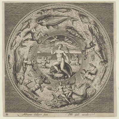 Design for en tallerken med Galatea på et skjell flankert av trompetister i en medaljongkant..., c1600. av Adriaen Collaert