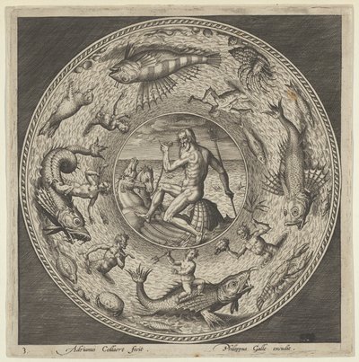 Design for en tallerken med Neptun i et skjell tegnet av hester i en medaljong avgrenset av ..., c1600. av Adriaen Collaert