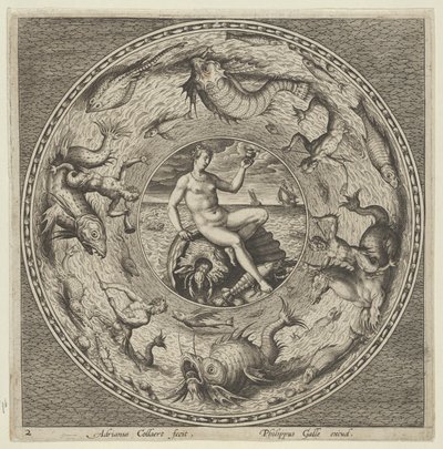 Design for en tallerken med Thetis på et skjell i en medaljong omkranset av sjømonstre, c1600. av Adriaen Collaert