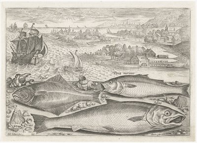 Tre fisker på stranden Fiske (serietittel) Piscium vivae-ikoner (serietittel) av Adriaen Collaert
