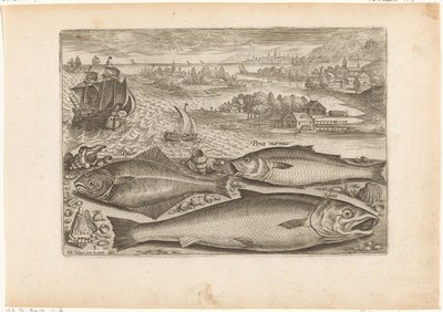 Tre fisker på stranden Fiske (serietittel) Piscium vivae-ikoner (serietittel) av Adriaen Collaert