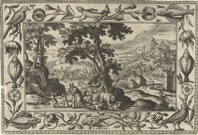 Elisa forbanner irriterende barn Landskap med bibelske, mytologiske scener og jaktscener (serietittel) av Adriaen Collaert