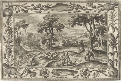 Harejaktlandskap med bibelske, mytologiske scener og jaktscener (serietittel) av Adriaen Collaert