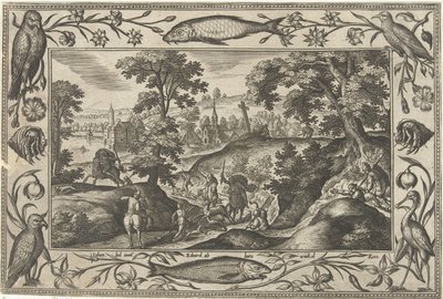 Hjortejaktlandskap med bibelske, mytologiske scener og jaktscener (serietittel) av Adriaen Collaert