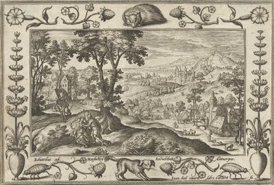 Juda og Tamar Landskap med bibelske, mytologiske scener og jaktscener (serietittel) av Adriaen Collaert
