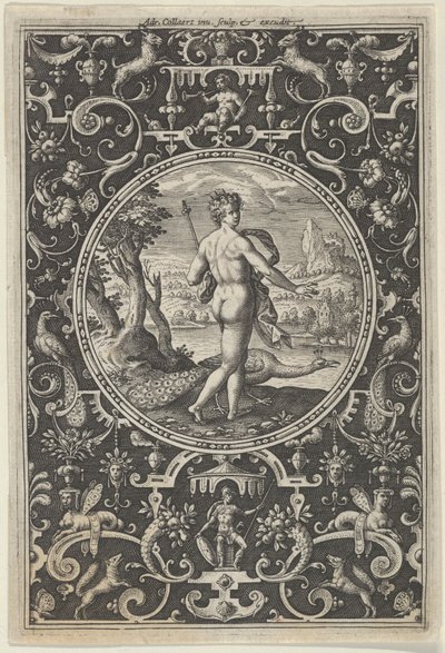 Juno i en dekorativ ramme med grotesker, fra dommen i Paris, ca. 1580-..., c1580-1600. av Adriaen Collaert