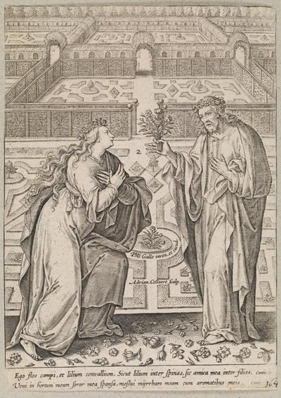 Kristus og hans brud, Ecclesia, i en hage av Adriaen Collaert