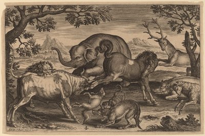 Løve, okse, rev, ulv, hund, boer, geit, hest, elefant og hjort av Adriaen Collaert