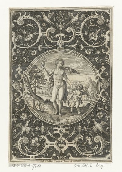 Medaljong med Venus og Amor i en grotesk ramme med blomster, girlander, dyr og mascarons Medaljonger med figurer fra Judgment of Paris (serietittel) av Adriaen Collaert