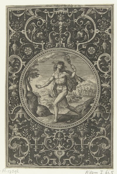 Medaljong der Mercury med staven i hånden Medaljonger med figurer fra Judgment of Paris (serietittel) av Adriaen Collaert