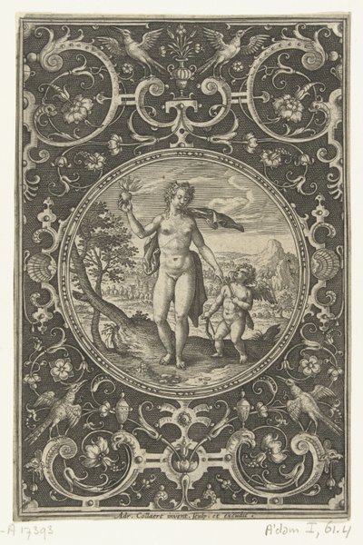 Medaljong der Venus med parisereplet i hånden og Amor ved sin side Medaljonger med figurer fra Judgment of Paris (serietittel) av Adriaen Collaert