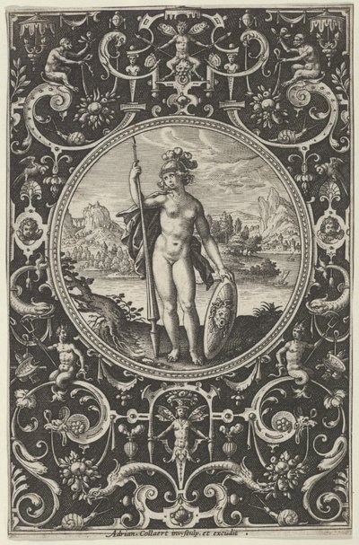Minerva i en dekorativ ramme med grotesker, fra dommen i Paris, c1580-1600. av Adriaen Collaert