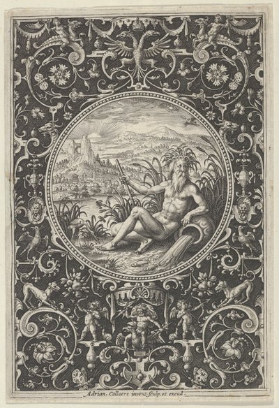 Neptun i en dekorativ ramme med grotesker, fra dommen i Paris, c1580-1600. av Adriaen Collaert