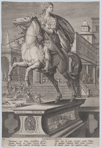 Plate 12: rytterstatue av Domitian, sett tre fjerdedeler til venstre, med hans ..., ca. 1587-89. av Adriaen Collaert