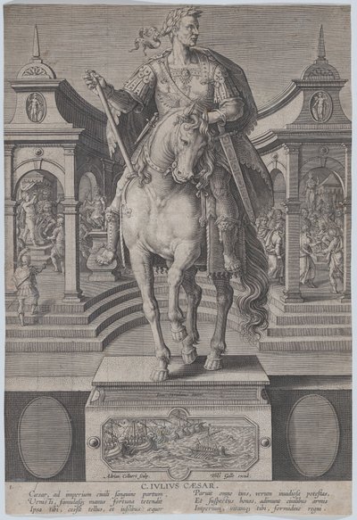 Plate 1: rytterstatue av Julius Cæsar, sett forfra, med en scene av en..., ca. 1587-89. av Adriaen Collaert