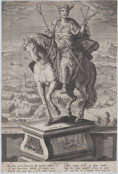 Plate 4: rytterstatue av Caligula, sett tre fjerdedeler til venstre, iført en ..., ca. 1587-89. av Adriaen Collaert