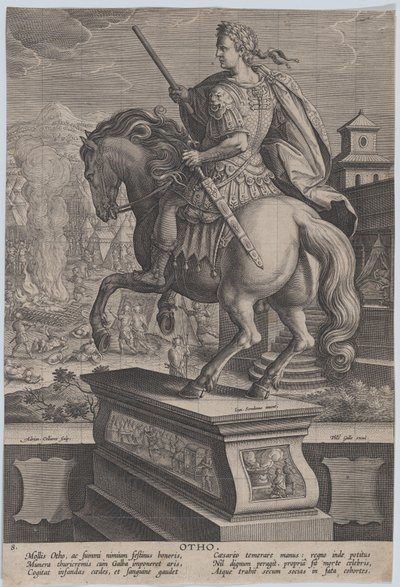 Plate 8: rytterstatue av Otho, sett bakfra, dødsscenen hans i bakgrunnen..., ca. 1587-89. av Adriaen Collaert