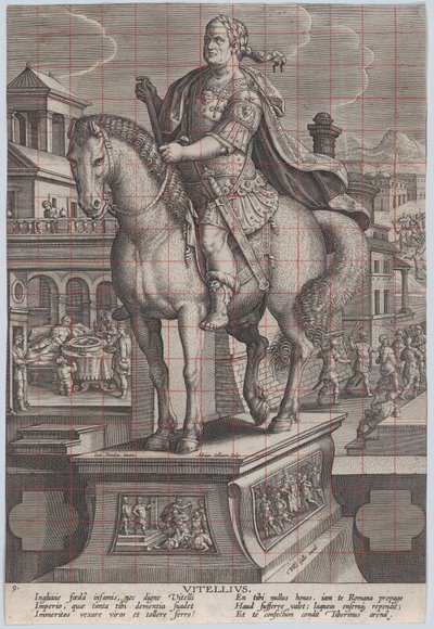 Plate 9: rytterstatue av Vitellius, sett tre fjerdedeler til venstre, med hans ..., ca. 1587-89. av Adriaen Collaert