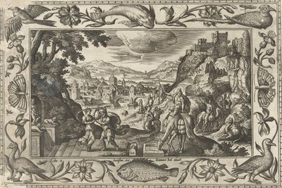 Rebekka og Elieser ved brønnen Landskap med bibelske, mytologiske scener og jaktscener (serietittel) av Adriaen Collaert