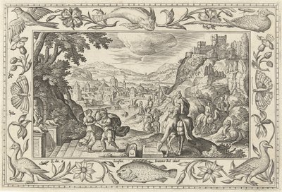 Rebekka og Elieser ved brønnen Landskap med bibelske, mytologiske scener og jaktscener (serietittel) av Adriaen Collaert
